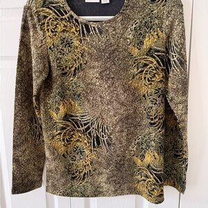 Chico's Brown, Olive, and Gold Patterned Long Sleeve Top